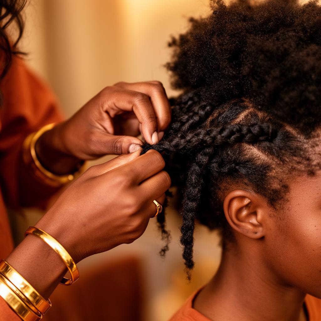A stylist's hands carefully braiding natural hair