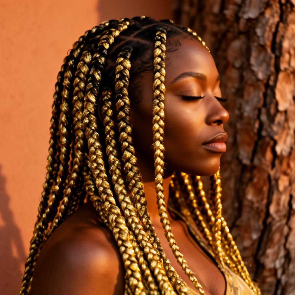 A Black woman with intricate gold-tipped knotless braids in warm light